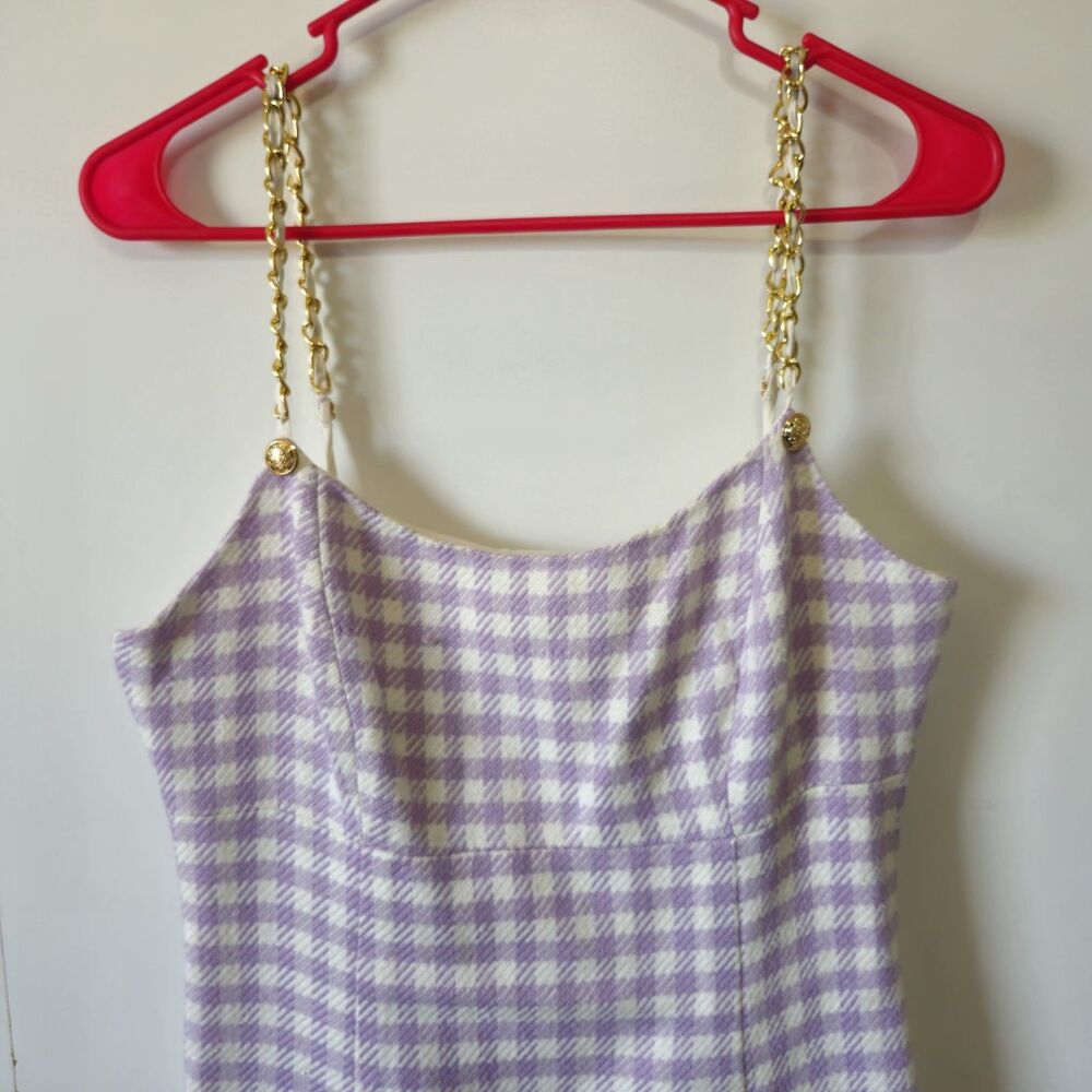 GUESS Caroline Tweed Mini Dress Purple Gingham Chain Strap Size 6 Chic - Picture 4 of 16